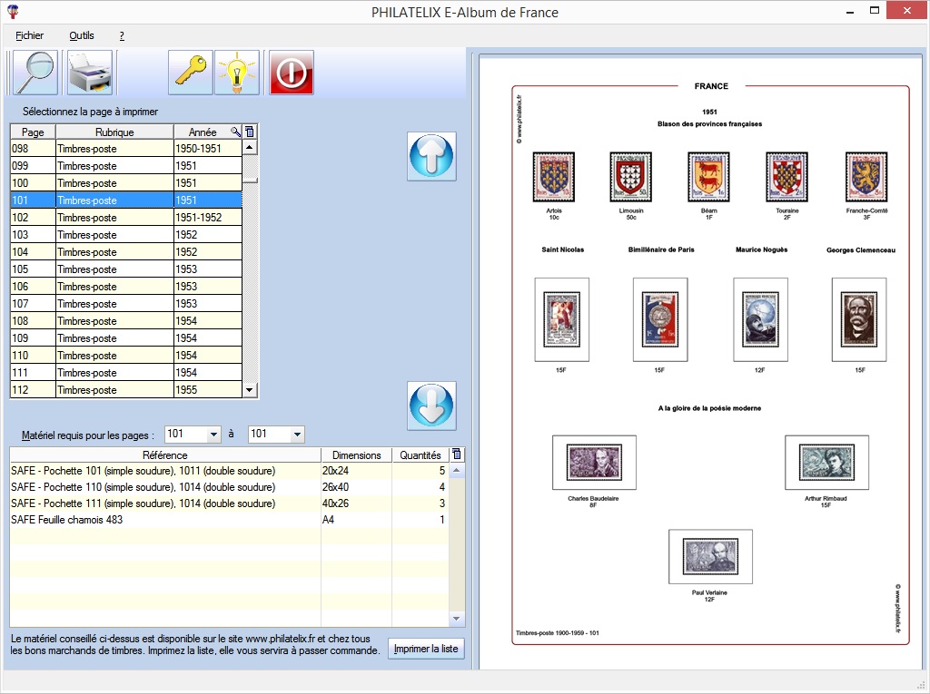Logiciel album timbres France Philatelix impression pages