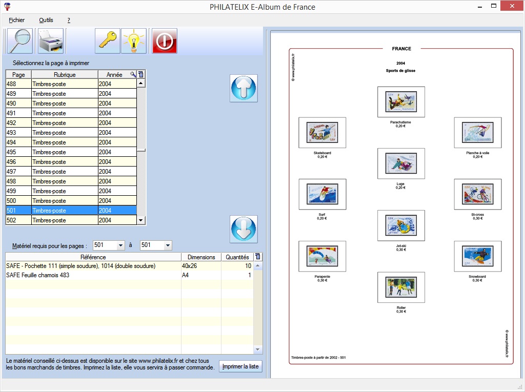 Logiciel album timbres France Philatelix impression pages